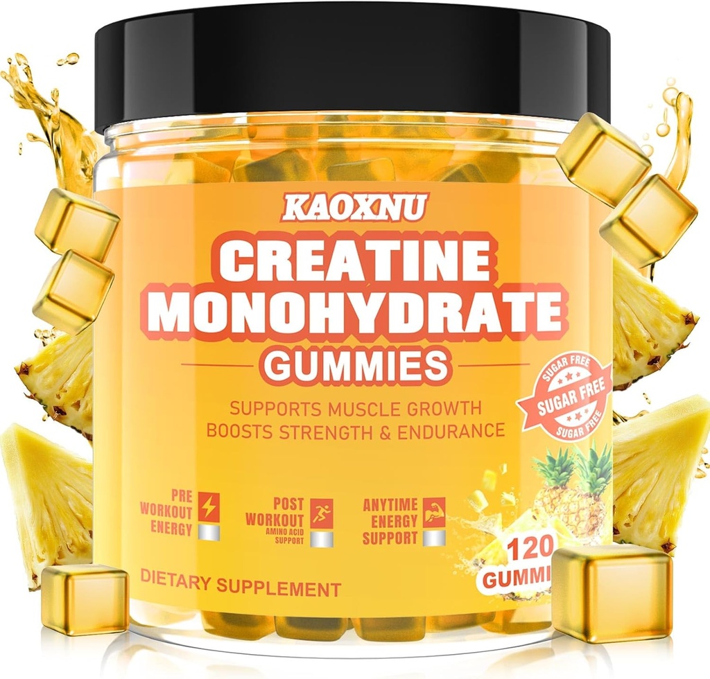 Creatine Monohydraat Gummies 5600mg voor mannen en vrouwen, 120 CT Kauwbare Creatine Gummies voor spierondersteuning, energie Boost, 5.6g van Creatine Monohydraat per Serving - Sugar Free, Vegan (Pineapple Flavor)