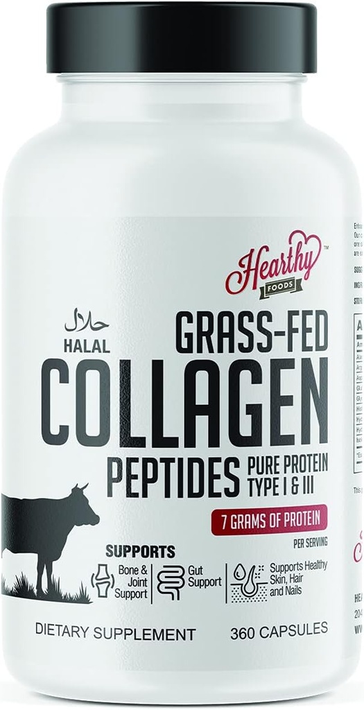 ALIMENTS SAINTS Supplément de pilules de collagène (type I, III), 360 gélules de collagène Cheveux sains, peau, ongles, articulations - Supplément de collagène sans lait et sans gluten - 7 grammes de protéines par portion