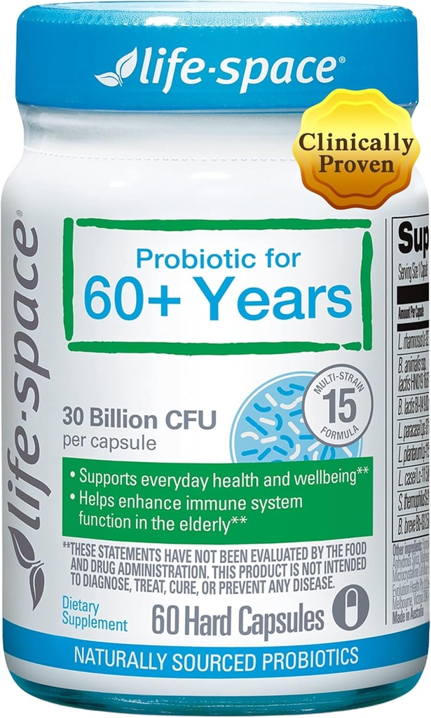Life-Space Probiotic voor 60+ jaar, Ondersteunt Intestinal Immunity and Health, Gastro-intestinale vitaliteit, Bifidobacterium lactis, 30 miljard CFU, Multi Strains - 60 Capsules