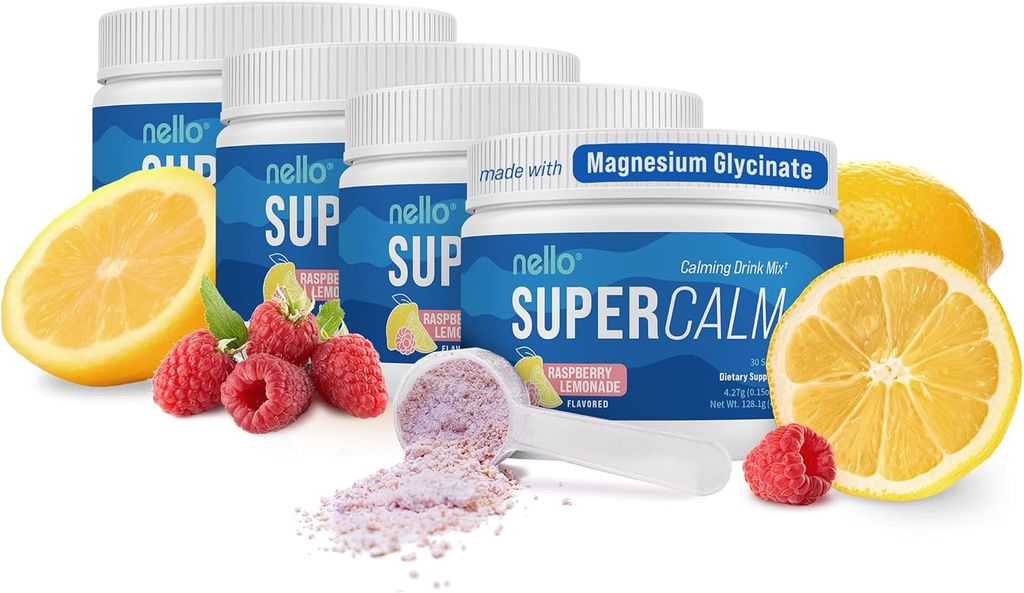 Nello Supercalm Drink Mix - Ashwagandha KSM 66, Magnesium Glycinaat, L-Theanine, Vitamine D3 - Ashwagandha Root Extract, Magnesium & L-Theanine Supplement - 30 porties - 4 verpakkingen