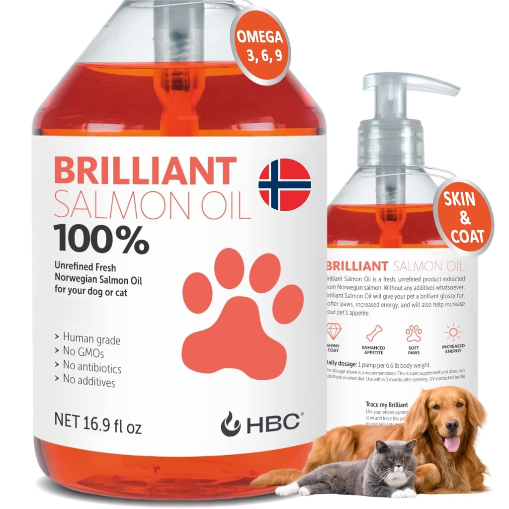 Huile de saumon pour chiens - Skin & Coat, Tous les suppléments naturels norvégiens d'huile de poisson pour animaux de compagnie, Omega 3 EPA DHA, idéal pour le Shedding, l'allergie, les démangeaisons, la peau sèche, les articulations et la santé des os - 16,9 Oz