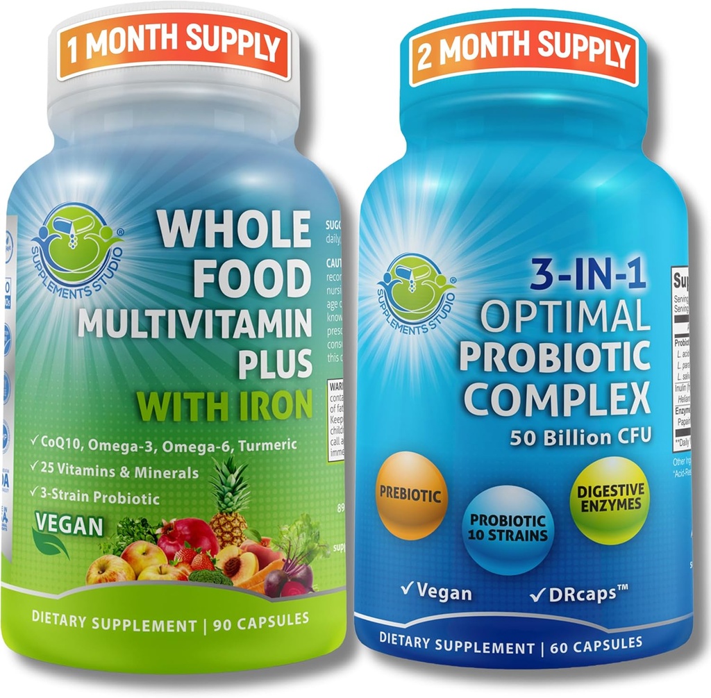 Gut & Immune Health Bundle - 3-in-1 Probiotic (50 Billion CFU, 10 strains) with Digestive Enzymes & Prebiotics & Vegan Whole Food Multivitamin with Iron enriched with Fruits & Veggies - Vegan, Non-GMO