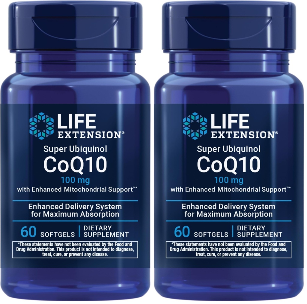 Life Extension Super Ubichinol CoQ10 met verbeterde Mitochondriale Ondersteuning, Krachtige Hart Gezondheid en Cellulaire Energie Productie Ondersteuning,Ultra-absorbeerbaar,Gluten-Free,Non-GMO, 100 mg, 60 softgels (pakket van 2)