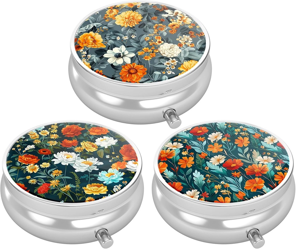 3 Pack pil Box, kleine pil geval voor portemonnee & zak, leuke reis medicijnen Organisator, draagbare geneeskunde container houder om vitamines vast te houden, medicijnen, visolie & supplement, mooie bloem