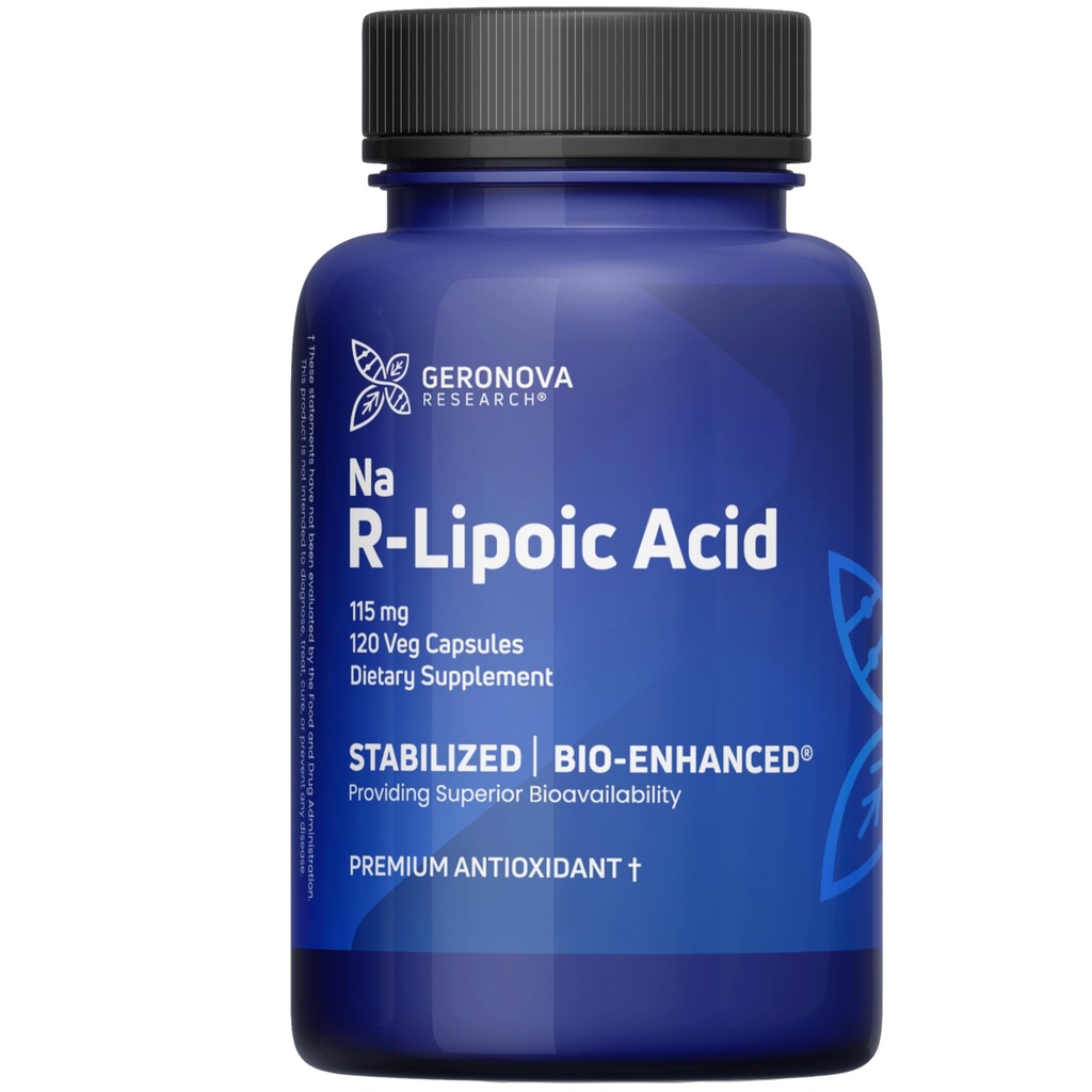 Geronova Research Bio-Enhanced R-Lipoic Acid, 115 mg Capsules - 4 maand supply - gestabiliseerd R Alpha Lipoïnezuur Supplement met verbeterde absorptie - 120 Tel.