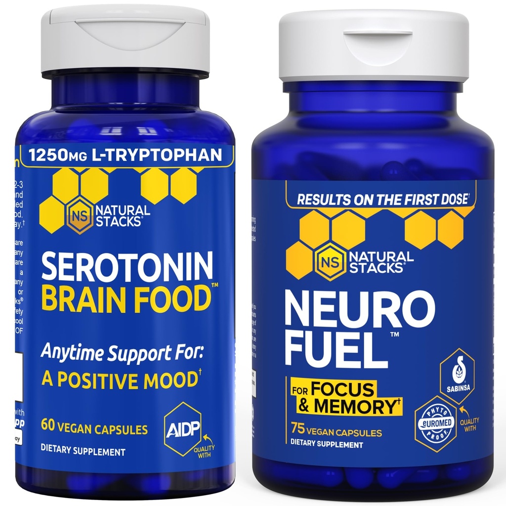 NATUURLIJKE STAKKEN NeuroFuel Nootropic + Serotonine Hersenvoedselbundel - Ondersteunt Geheugen, Mood & Focus* - 135 Totaal Capsules