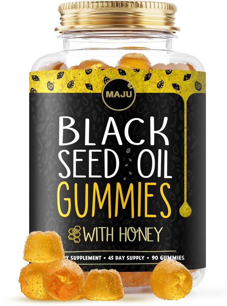 MAJU's Black Seed Oil Gummies met honing 90ct, 500mg BSO Gummy, Black Cumin Seed Nigella Sativa Oil, Cold-Pressed, Potent Formula, 90ct