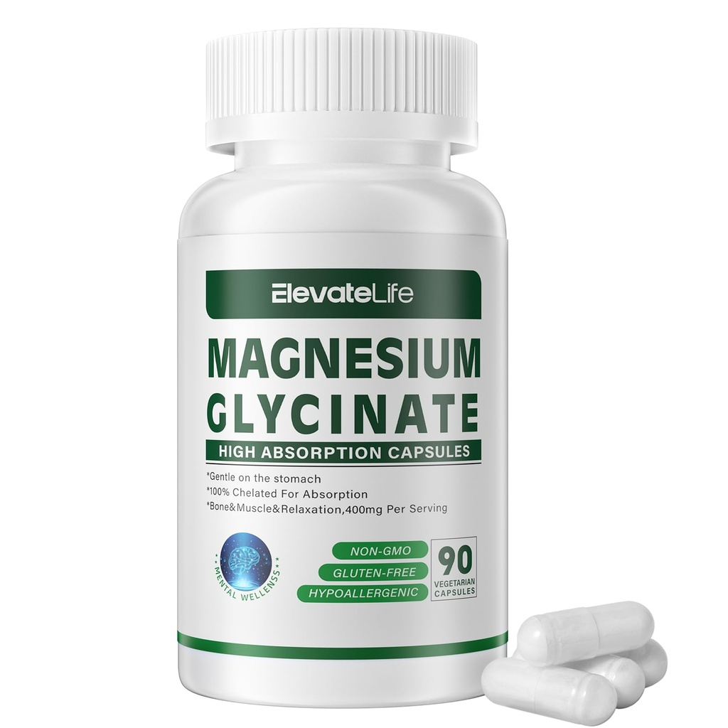 Glycinat de magnésium 400 MG par portion 100 % chélaté pour une absorption élevée, doux sur l'estomac, non-OGM, 90 capsules végétariennes