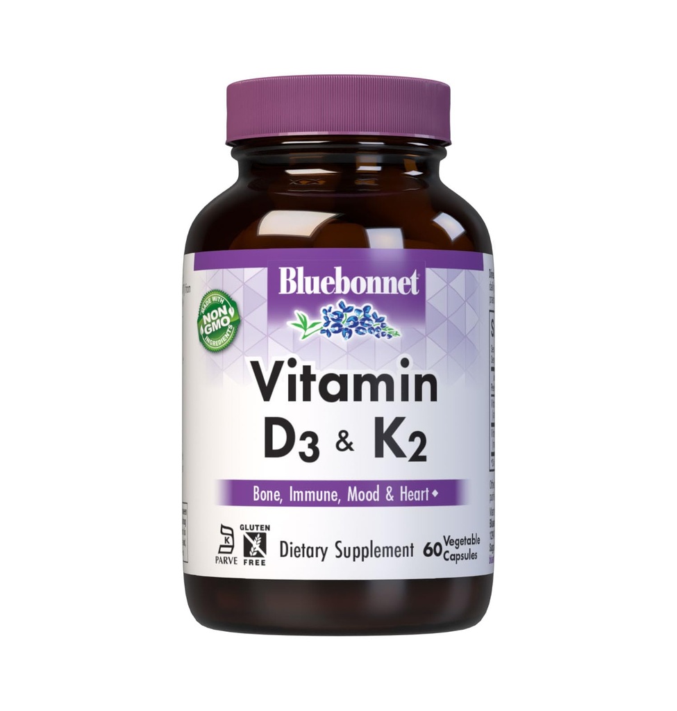 Bluebonnet Nutrition Vitamin D3 & K2, Soy-Free, for Strong-Healthy Bones*, Gluten-Free, Non-GMO, Dairy-Free, Kosher Certified, Vegetarisch, 60 plantaardige Capsules, 60 porties