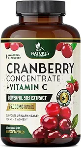 Cranberry Supplement Pillen 25.000mg - High Potency Vitamine C C Cranberry voor vrouwen en mannen, Urinaire Tract Health Support, Suikervrij, Glutenvrij, Non-GMO, Cranberry Concentrate Extract - 120 Capsules