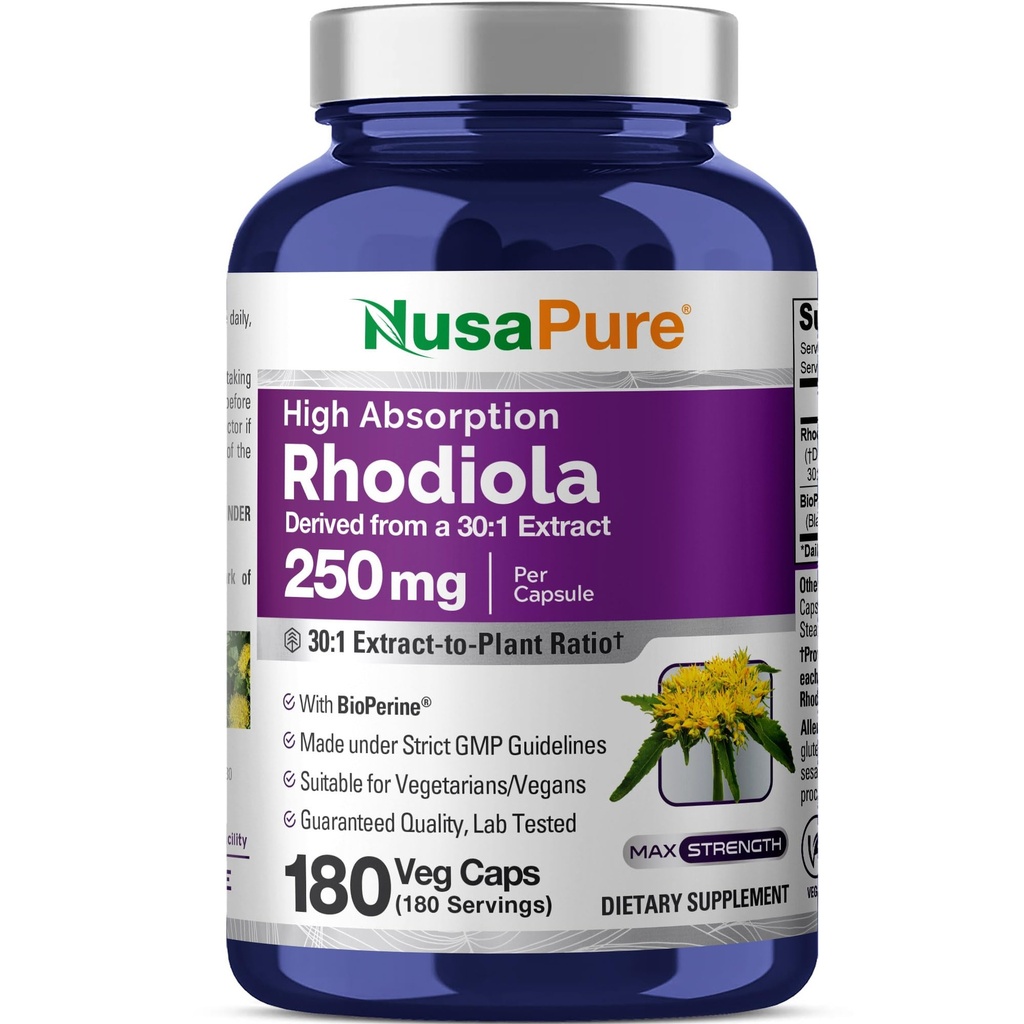 NusaPure Rhodiola Rosea 7.500mg 180 Veggie Capsules (Non-GMO, Extract 30:1, Vegan & Glutenvrije) Bioperine