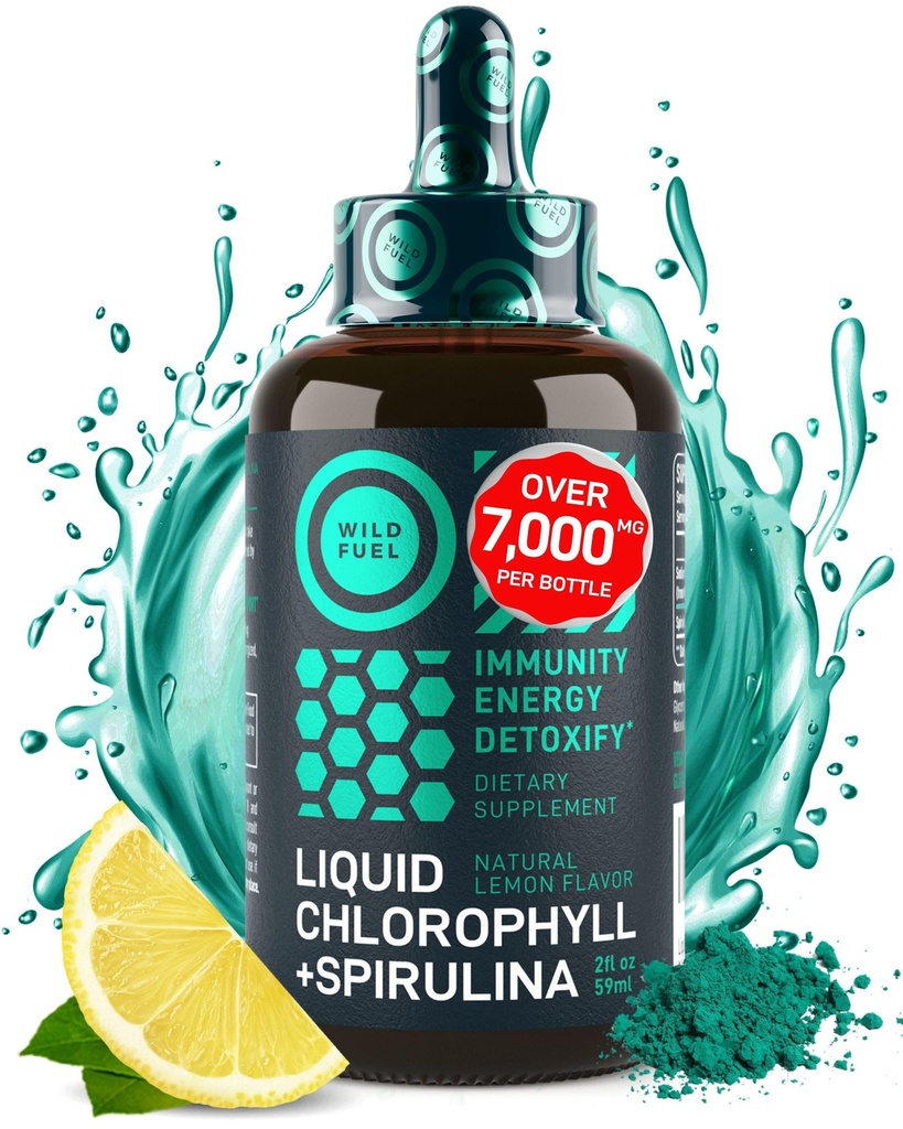 Chlorophylle liquide gouttes avec Spiruline pour l'eau - Pleine énergie, bien-être, supplément de soutien immunitaire - 50mg Chlorophylle liquide, 12,5mg Spiruline - Lemon Saveur Detox boisson - 2oz, 118 portions
