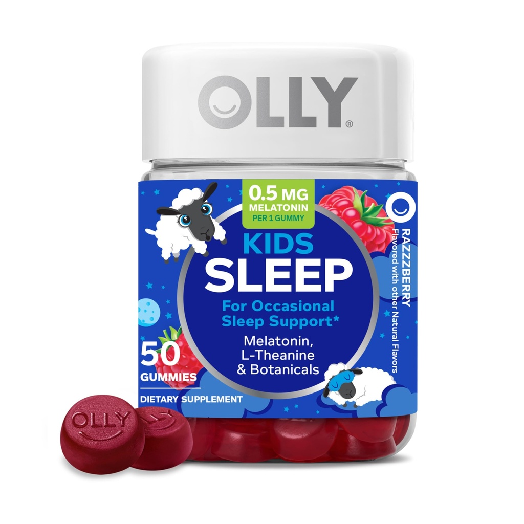 OLLY Kids Slaap Gummy, Occasional Slaap Ondersteuning, * 0,5 mg Melatonine, L-Theanine, Raspberry Flavored, 50 of 25 dagen Supply - 50 Tellen