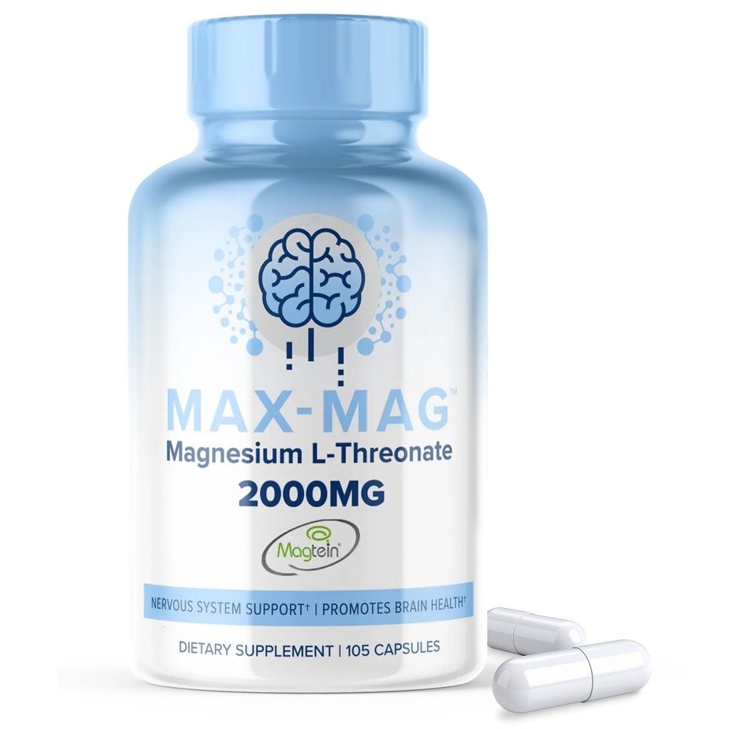 Max-Mag Magnesium L-Threonate Supplement - 105 Capsules Made in USA- Magtein 2000mg Complex met vitamine D3 en K2 voor slaap, Mood & Brain Magnesium L Threonate Capsules Voeding door MaxLife Naturals