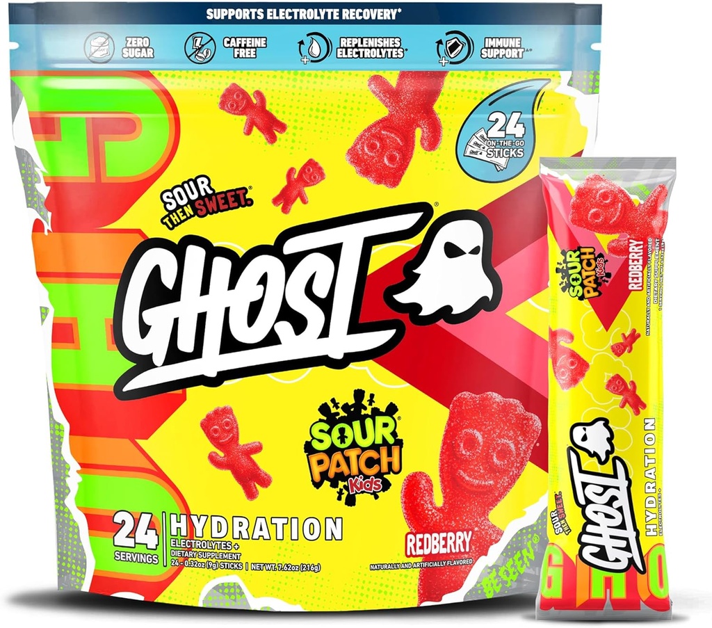 GHOST Hydration Packets, Sour Patch Kids Redberry, 24 Sticks, Electrolyte Powder - Drink Mix Supplement met Magnesium, Kalium, Calcium, Vitamine C - Veganistisch, vrij van soja, Suiker & Gluten