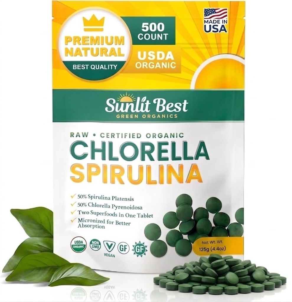 Les meilleurs comprimés de Chlorella Spiruline au soleil - Bio USDA, Premium Spirulines et Capsules de Chlorella 500 Pills - Chlorellas Superfood naturel avec Spiruline Algae, Enzymes Chlorophylle et Protéine Vegan