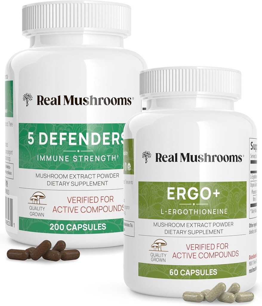 Véritables champignons Ergothioneine (60ct) et 5 Defenders (200ct) Bundle - avec Turquie Tail, Shiitake, Reishi, Chaga, Maitake, Oyster - La longévité naturelle et la force immunitaire - Vegan, sans gluten, non-OGM