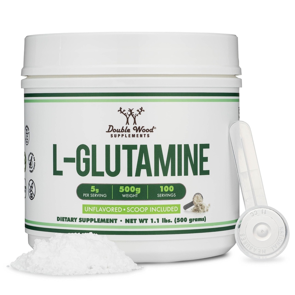 L Glutaminepoeder (100 porties van 5 gram per stuk - Getest door derden L-Glutaminepoeder) Ongearomatiseerd, Keto, Veganistisch Vriendelijk (met scoop) voor Oefening Endurance en Gut Health door Double Wood