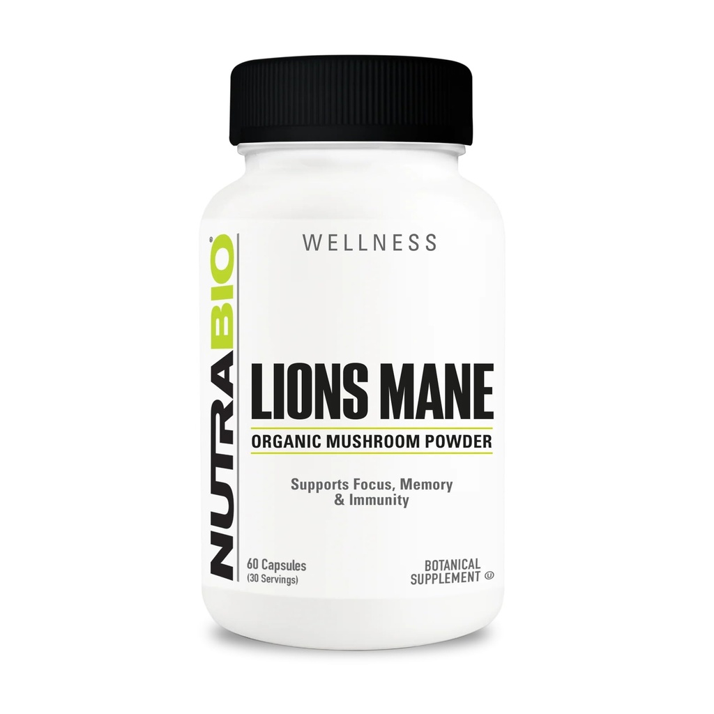 NutraBio Lions Mane Supplement Capsules- Biologische Lion's Mane Paddestoel Poeder (500mg)- Focus, Geheugen, Immuniteit - 60 Plantaardige Capsules