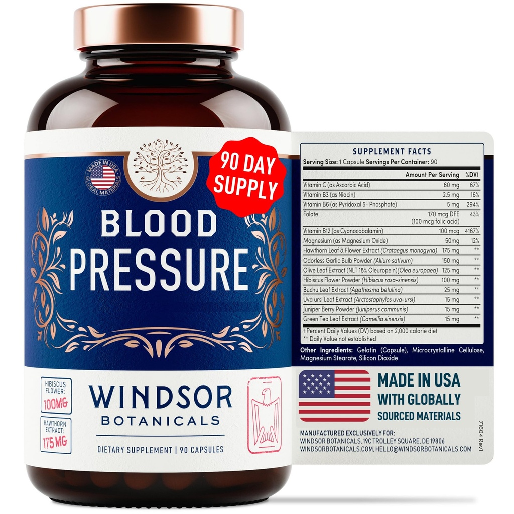 Blood Pressure Support Supplement - Groene Thee, Hibiscus, Hawthorn, Knoflook - Bloeddruk Vitamine, Minerale en geactiveerde Natuurlijken - 3 maanden Levering, 90 Capsules