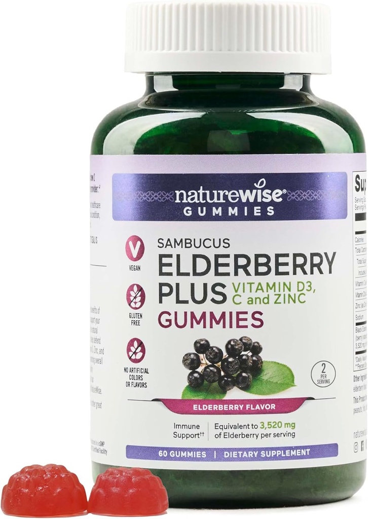 NatureWise Sambucus Vlierbes Gummies - Immune Support Supplement for Kids Ages 4+ & Adults with Vitamin C, D3, Zink - Vlierbessen Equivalent aan 3520mg - Vegan, Non-GMO - 60 Count[30-Day Supply]