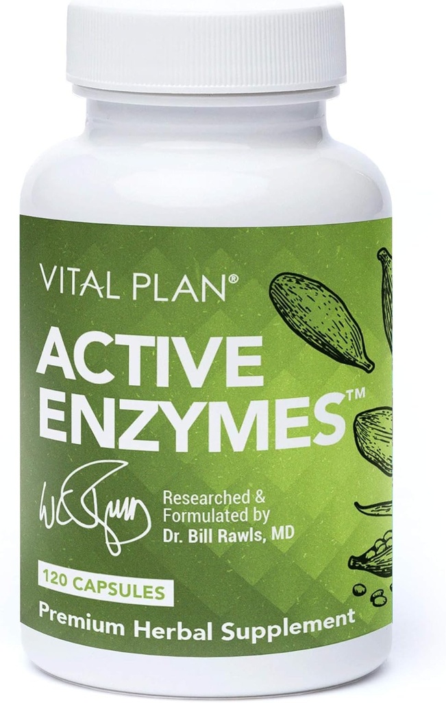 Vital Plan Active Enzymes Supplement by Dr. Bill Rawls - Decompensative Enzymes for Gut Health & Digestie - Protease, Bromelaine, Lactase, Amylase & Lipase (120 Capsules)