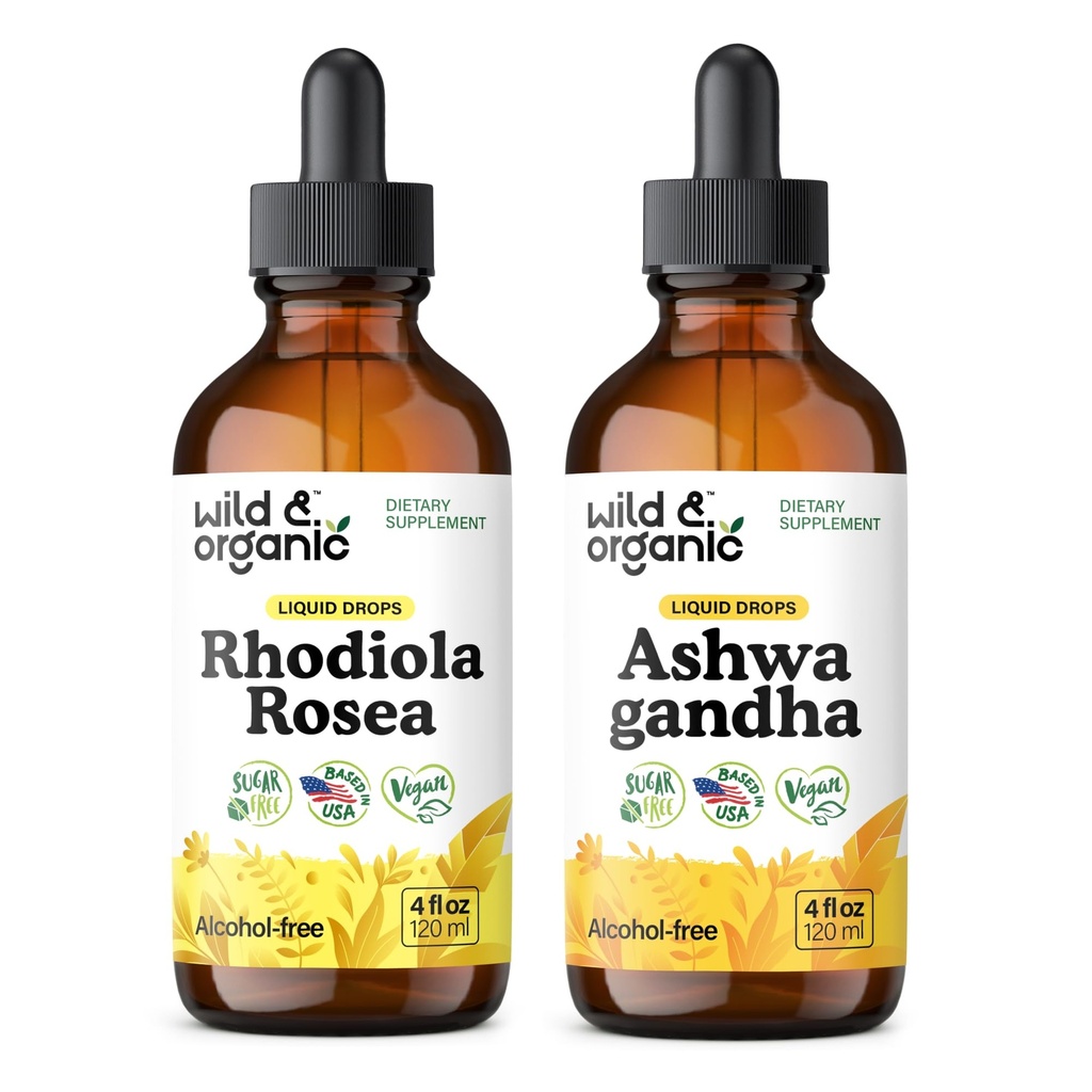 Wilde en biologische Rhodiola Rosea Tinctuur 4 fl oz & Ashwagandha Tinctuur 4 fl oz