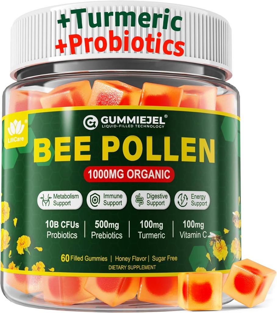 Decompensatio Health & Weight Bee Pollen Organic 1000mg, w/Probiotica, Prebiotica & Turmeric, Bee Pollen Gummies Rijk aan B-Vitamine, Antioxidanten, Aminozuren, voor Digestief, Gewicht & Energie
