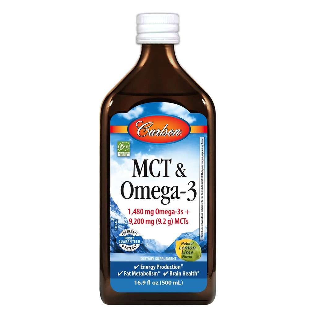 Carlson - MCT & Omega-3, 1480 mg Omega-3s, 9200 mg MCTs, Keto-Friendly, Caprylic & Capric Acids, Energy Production, Fat Metabolisme, Lemon-Lime, 500 ml (16,9 Fl Oz)