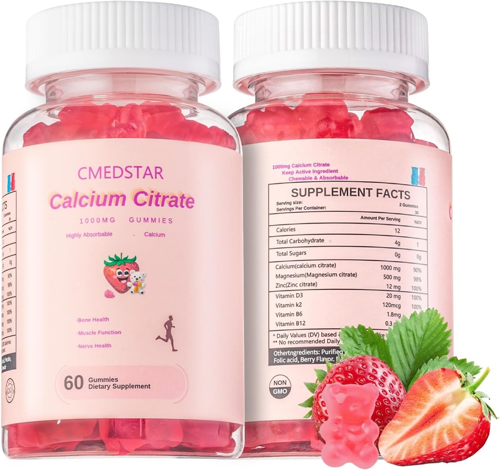 Citrate de calcium à croquer Gummies 1000mg avec vitamine D3 & K2, B6 & B12, Magnésium, zinc pour os, muscles et articulations, Immunité et soutien mémoire, sans sucre, sans gluten, végétarien, fraise, 60 comte