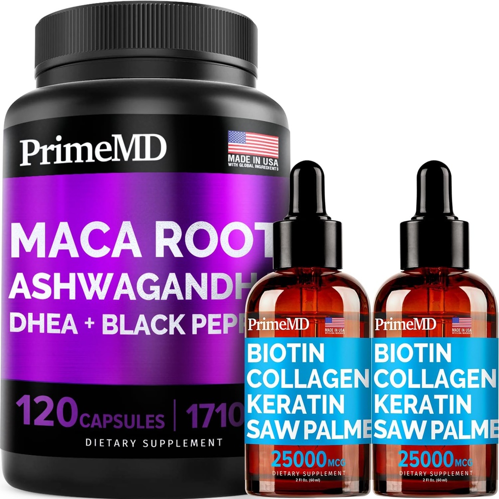 4-in-1 Liquid Biotin Collageen Keratine Saw Palmetto Drops (2 fl oz - 2 Pack) & 6-in-1 Maca Root Ashwagandha w Black Pepper Fruit (120ct) Bundel - Hair, Skin, Nails, Energy & Mood Support Supplement