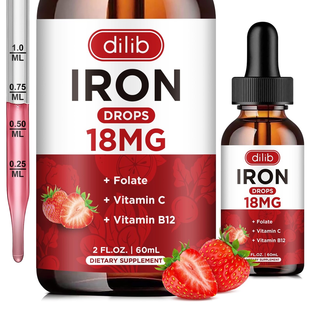 Liquid Iron Supplement for Women & Men Iron Drops Iron Supplements for Anemia with Folaat, Vitamin C, B12 for Red Blood Cell Support-Strawberry, 2 Fl Oz