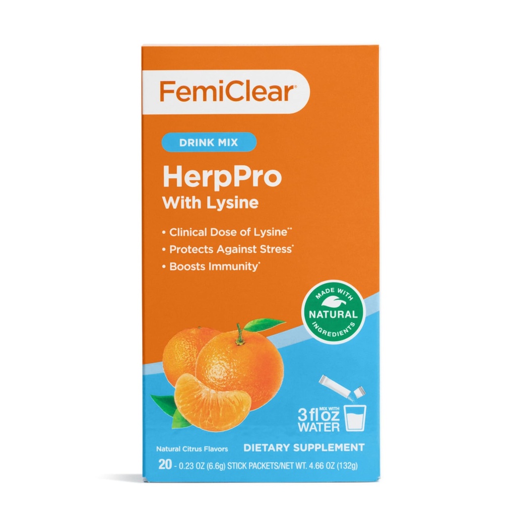 Mélange de boisson de FemiClear HerpPro, avec L-Lysine 3000mg, zinc, vitamines A & C, Ashwagandha, Immunity & Stress Supplément pour les femmes et les hommes, 20 Stick Packets