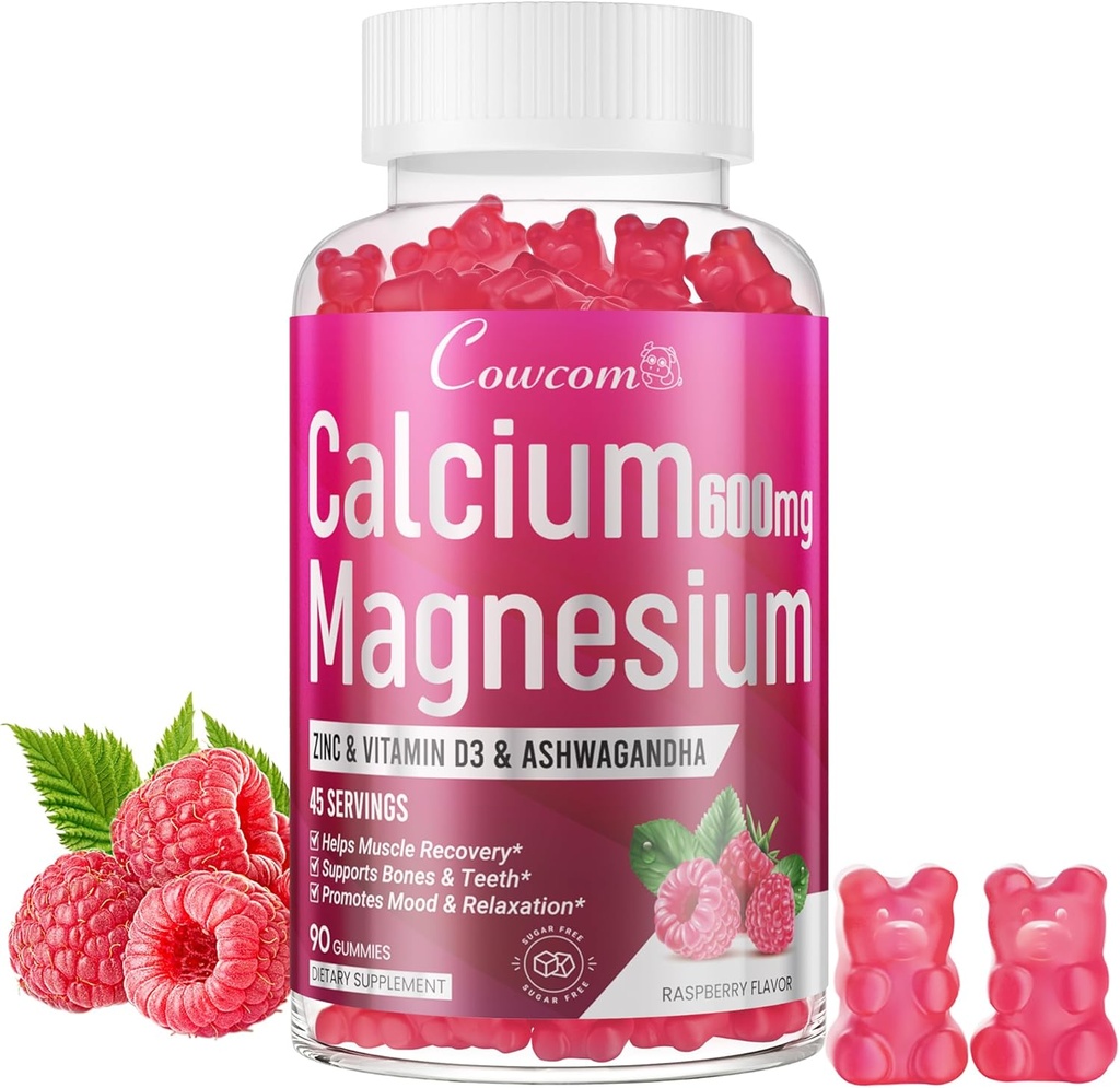 Calcium Magnesium Zink Gummies & Vitamine D3,B6,B12,Immune & ondersteuning Bone Health Calcium Magnesium Supplement voor vrouwen Mannen,Suikervrije Veganistische Raspberry Flavor 90 Telt