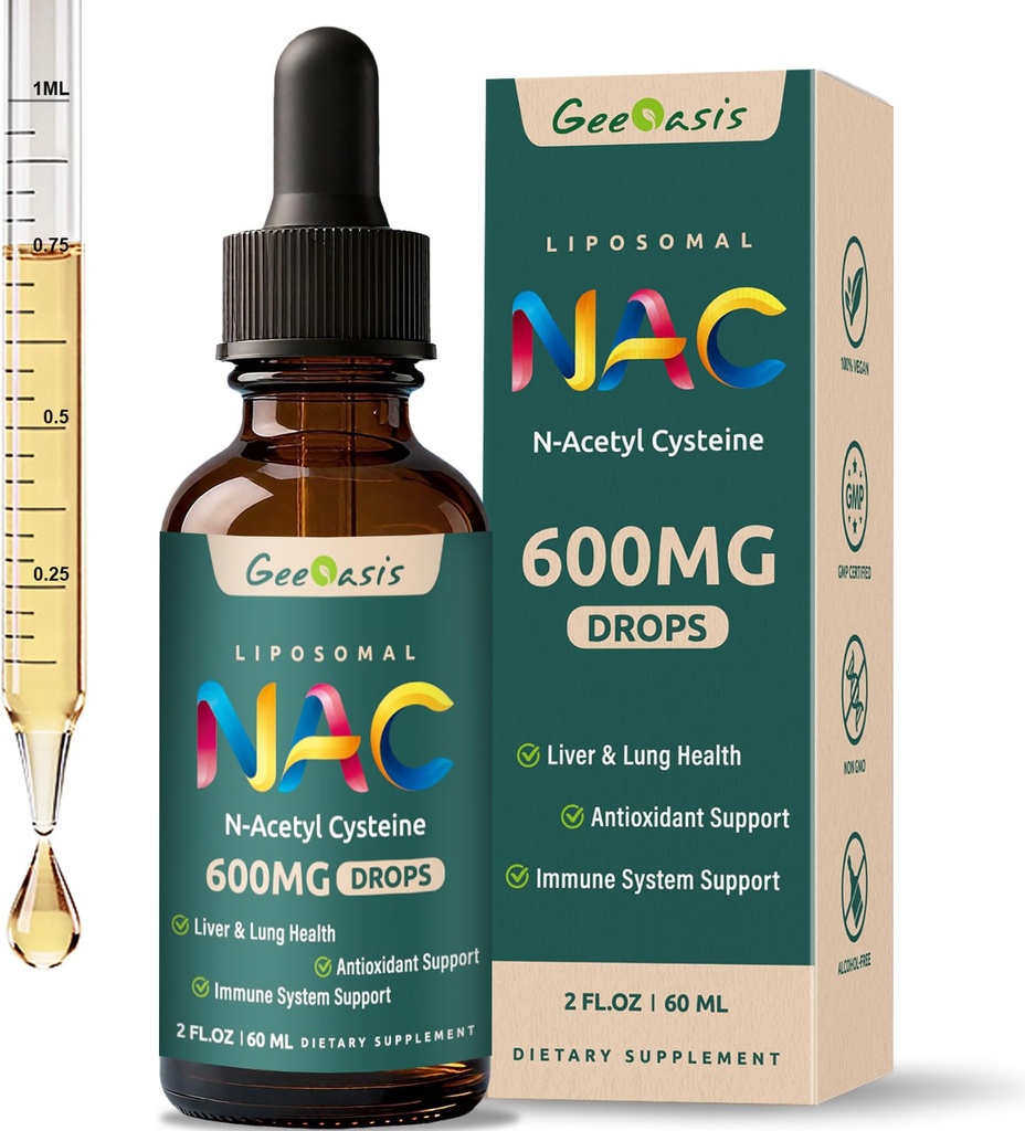 Liposomique liquide NAC Supplément N-acétyl Cysteine gouttes, N acétyl Cysteine 600 mg avec Quercetin & Zinc pour adultes et enfants, soutien du foie et du poumon, antioxydant, immunitaire et santé de la peau, 2 Fl Oz