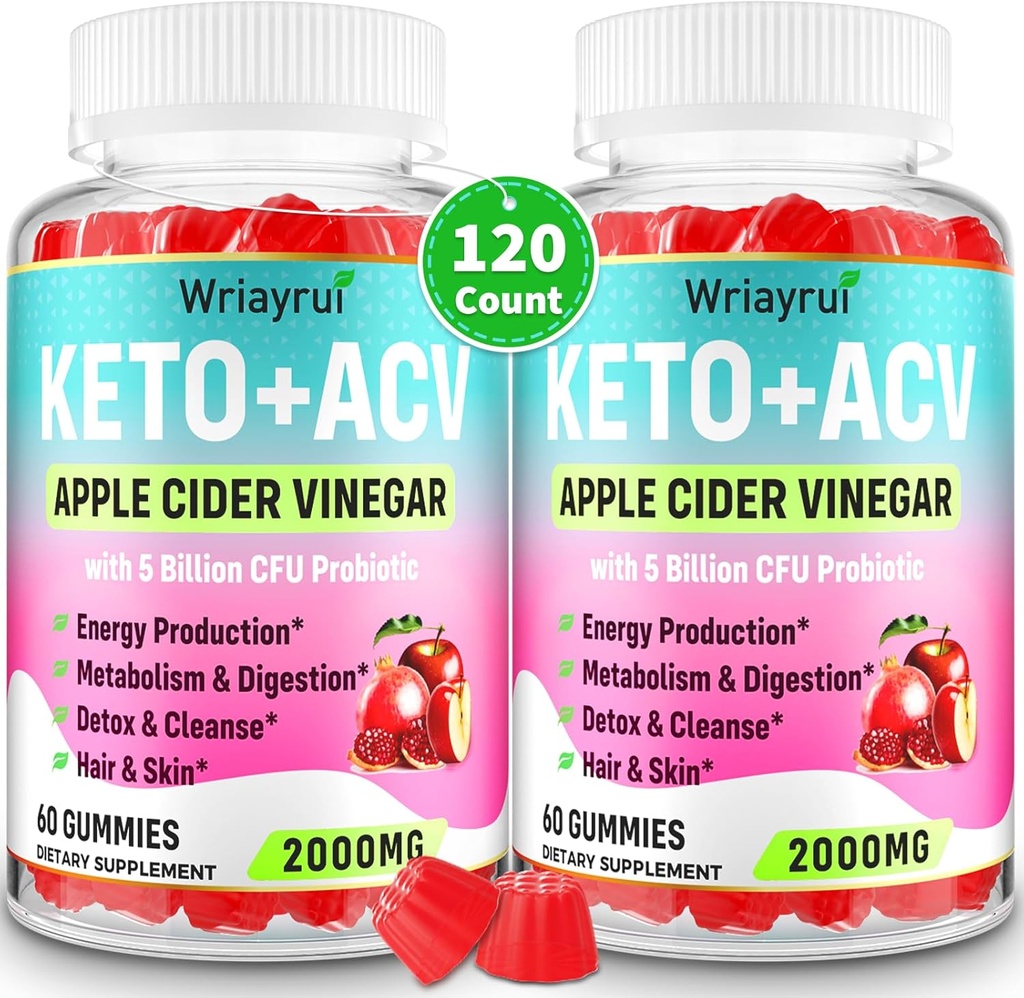Apple Cider Vinegar Gummies, Advanced Keto ACV Gummies, ACV Gummies for Detox, Cleanse, Metabolisme & Digestie, Keto Support, samengesteld met groene thee, B6 & B12, Probiotica, 120 Tellingen