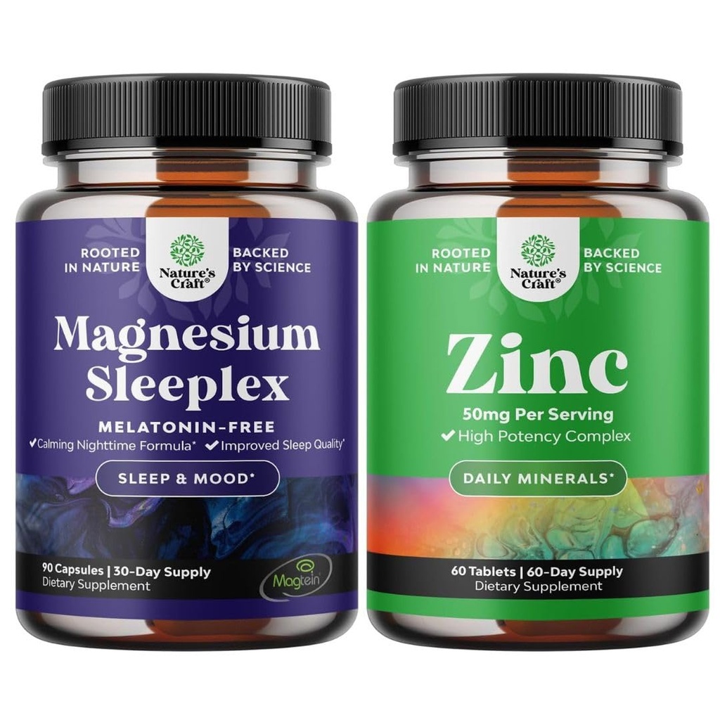Bundel van hoge Absorptie Magnesium Slaapsupplement - Melatonine-vrij Kalm Magnesium voor slaap en zink 50 mg Immuun Ondersteuning - Zink Complex Supplement voor Immuun Systeem