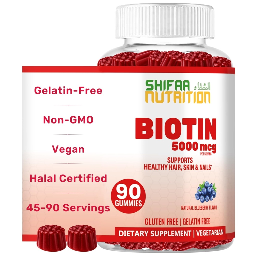 SHIFAA NUTRITION Gommies de biotine végétalienne pour adultes et enfants 90 Gommies 5000 mcg 45 portions Sans OGM Gluten, gélatine, arachides, oeuf et produits laitiers sans lait