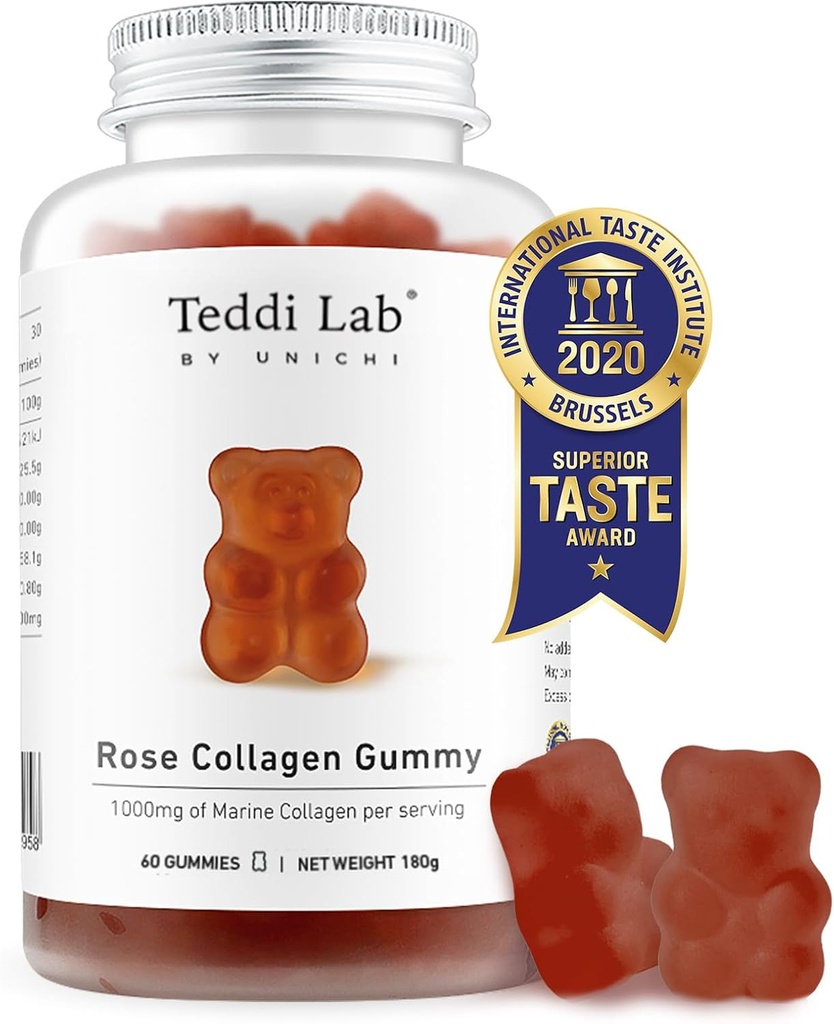 Unichi Rose Collageen Gummy, 1000mg High-Volume Marine Collagen Gummy Supplementen voor vrouwen met Collageen Peptides, Rose Petals, Acerola Cherry, Rosehip, 60 Tellen