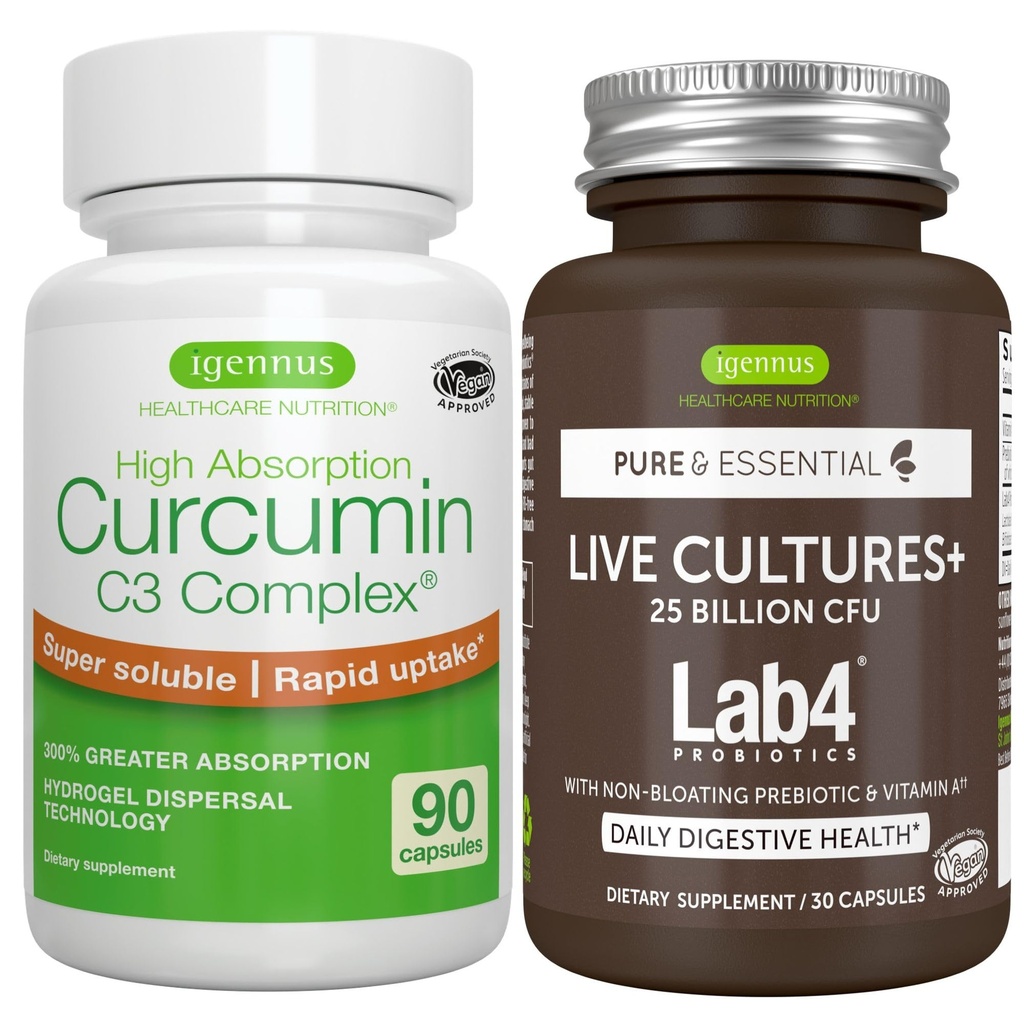 Cultures vivantes+ Lab4 Probiotiques + haute absorption Curcumine C3 complexe Végétalien Bundle, 25 milliards CFU Probiotique, non flottant Prébiotique + 300% plus grande absorption Curcuminoides avec prise rapide, par Igennus