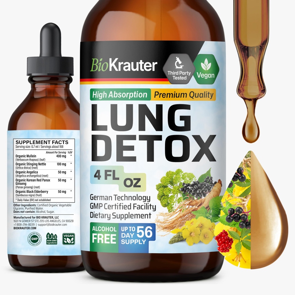 BIO KRAUTER gouttes de désintoxication pulmonaire - Pur Vegan Lung Cleanse Liquid Form 4 Fl.Oz 56 jours d'approvisionnement - Mélange Mullein, Elderberry, Sting Nettle, Ginseng & Angelica Extraits - Support respiratoire