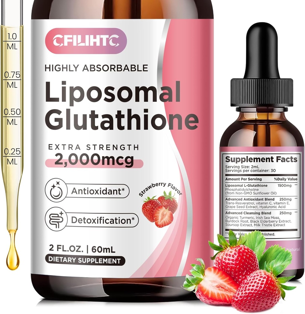 Liposomale Glutathion Liquid Drops, Glutathion Liquid Supplement, Actieve vorm L- Glutathion, met vitamine C, Lever Detox, Antioxidant voor Anti-Aging, Immune & Cleansing, Aardbei smaak, 2 FL.OZ