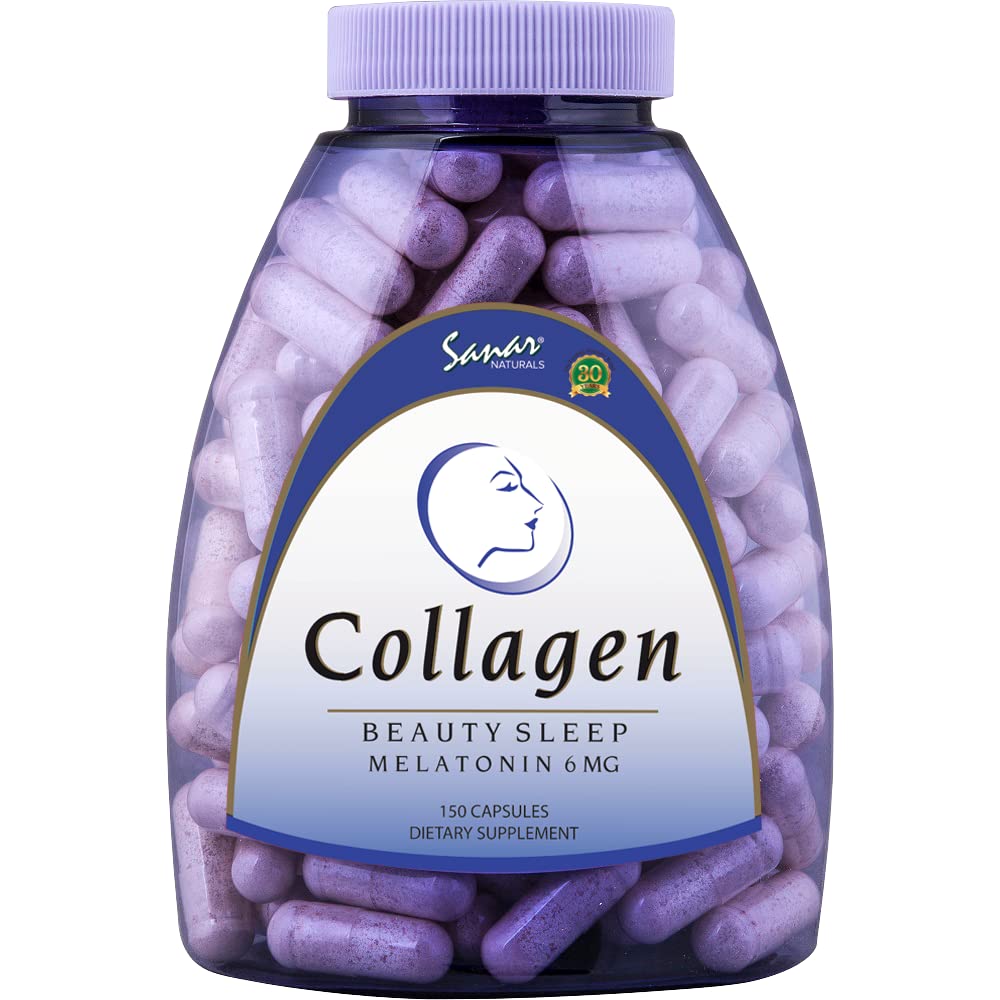 Sanar Naturals Collageen Pillen Schoonheid Slapen met Melatonine 6 mg - Boost Hair Skin Nails gewrichten - Gehydrolyseerde Collageen Peptiden Supplement, 150 Capsules
