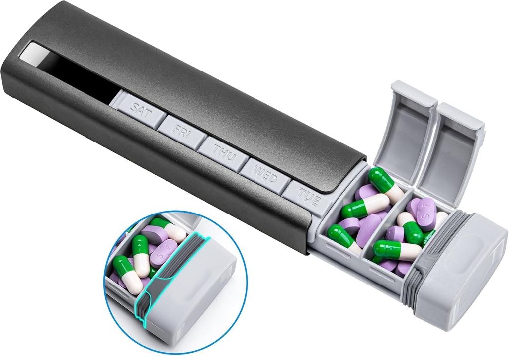 Daviky Metal Travel Pill Organizer, Premium Aluminium Pill Box 7 Dag, Weekly Daily Pill Case, Stylish&Cute Pill Holder voor Geneesmiddelen, Supplementen en Vitaminen (Grijs)