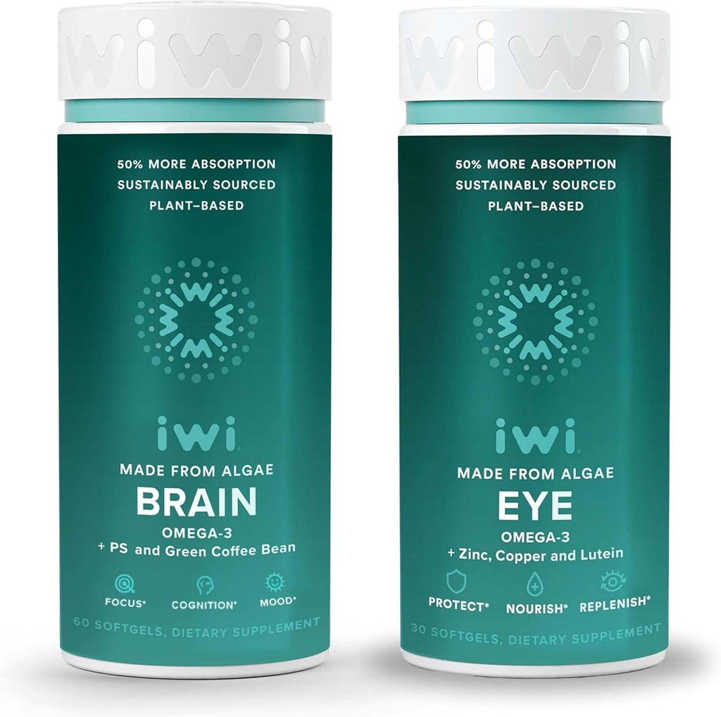 Iwi Life Brain & Eye Omega-3 Bundle, 30 Servings, Vegan Plant Based Algen Omega 3 met EPA + DHA, Krill & Fish Oil Alternative, No Fishy Aftersmaak