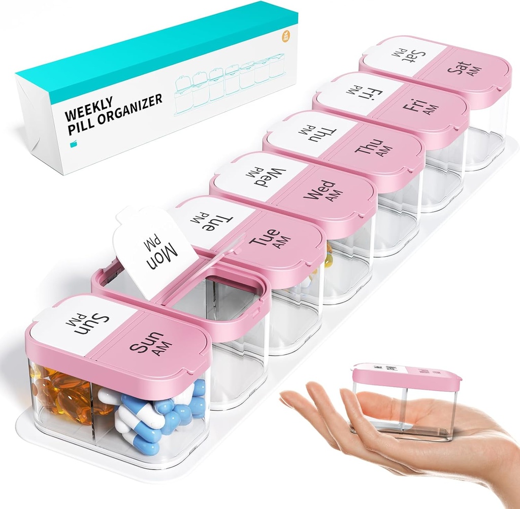 Odaro Extra Large Weekly Pill Organizer 2 fois par jour, Pill Box 7 Day Am Pm pour tenir la médecine quotidienne vitamine et suppléments - rose