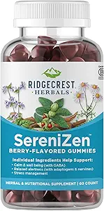 RidgeCrest Herbals SereniZen Gummies avec Ashwagandha, GABA, L-Theanine, Camomile & Lemon Balm, soutient la relaxation et le calme, la gestion du stress, le sommeil.