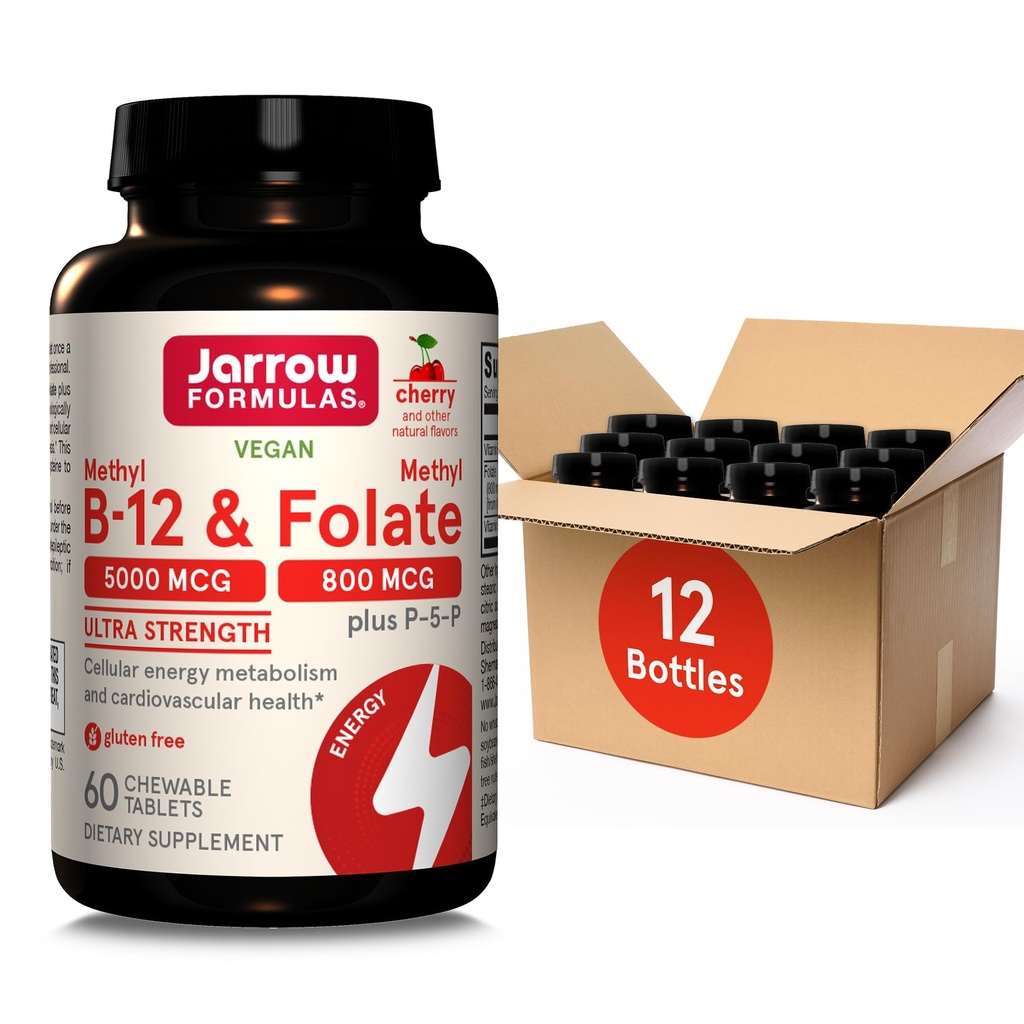 Formules Jarrow Ultra Strength Methyl B-12 5000 mcg & Methyl Folate 800 mcg + P-5-P, Supplément pour le métabolisme de l'énergie cellulaire et le soutien cardiovasculaire, 60 comprimés à croquer, 60 jours d'approvisionnement, 12 paquets