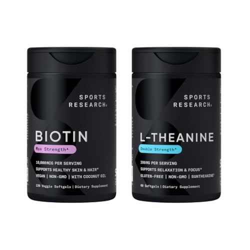 Sportonderzoek Vegan Biotin 10.000 mcg met Kokosolie Max sterkte Vitamine B7 120 Softgels (4 maanden supply) en dubbele sterkte L-Theanine supplement voor focus, ontspanning en alertheid 200mg 60 Tel.