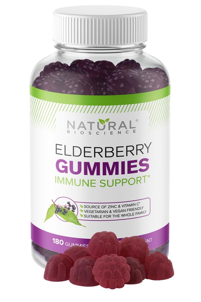 BioScience naturelle Sambucus Gommies de mûrier avec vitamine C et zinc, Immune Support pour les adultes et les enfants, quotidien antioxydant et bien-être Boost, 180 Végétaliens, sans gluten, gommies de mûrier à croquer